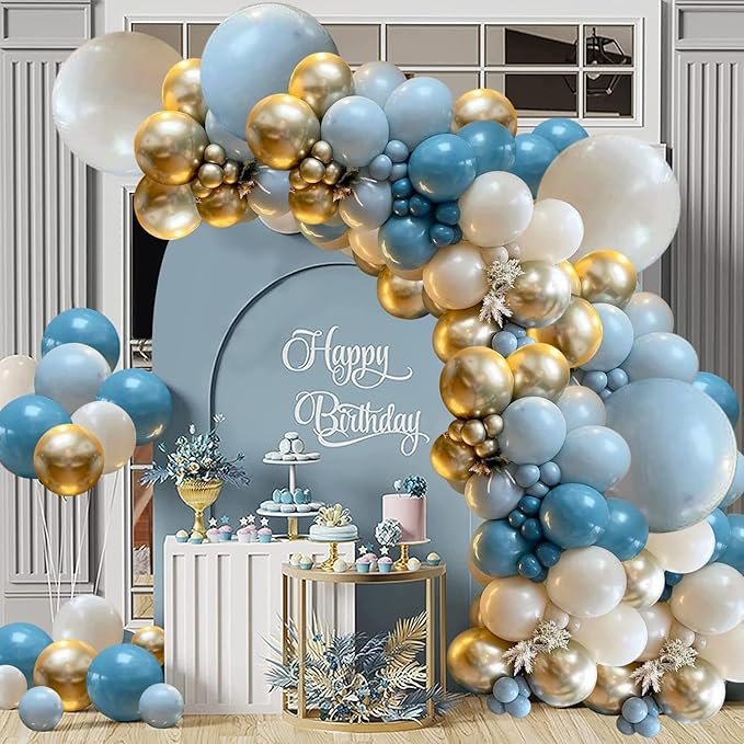 Dusty Blue Balloons Garland Kit, Fog Blue Royal Blue Pastel Blue Sand White Metallic Gold latex Balloons for Bridal Shower Wedding Anniversary Birthday Party Decorations Supplies
