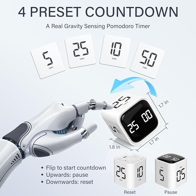Rotating Pomodoro Timer 5, 25, 10 50 Minutes Preset, Desk Productivity Flip Timer, ADHD Tool Cube Countdown Stopwatch, Vibration/High/Low Volume/Custom Modes, for Work, Study, Back to School, White