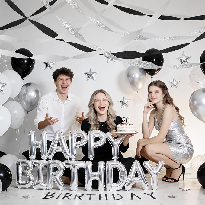 Black Silver White Crepe Paper Streamers - 6 Rolls Party Streamer Decorations for Graduation 2026, New Year's Eve, Birthday, Wedding, Retirement Party Supplies - Silver & Black Hanging Backdrop Decor