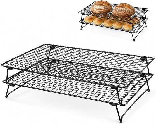Cooling Racks for Baking 2 Pack, 17 x 11 Inch Black Collapsible Wire Racks with Folding Legs, Rust-Resistant Finish, Large Cookie Rack for Holiday Cookies, Bread and Small Kitchens
