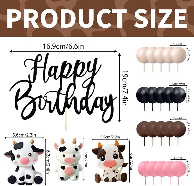 Cow Cake Topper, Happy Birthday Cake Decoration with Farm Animal Theme (black)