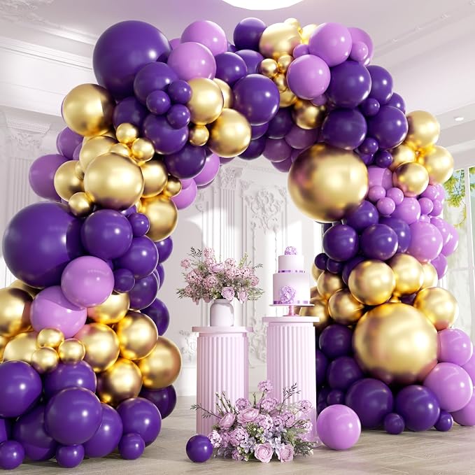 Purple and Gold Balloons Garland Arch Kit - 5 10 12 18 inch Different Size Purple Dark Purple Metallic Gold Balloons for Birthday Baby Shower Anniversary Adults Prom Luxury Party Decorations