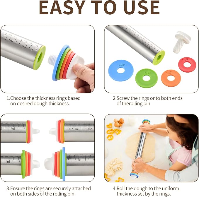 Adjustable Rolling Pin for Baking, with Thickness Rings Stainless Steel Dough Roller Pins for Pasta, Pizza, Pie Crust, Pastry and Cookie Making