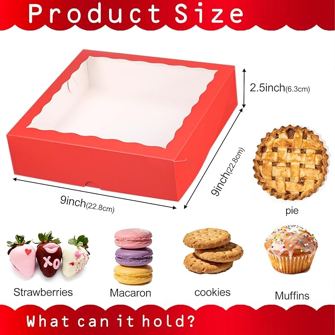 Pie Boxes Red Bakery Boxes with Window (12pcs, 9x9x2.5 Inch) for Christmas: Ideal for Pie, Cookies, Chocolate Covered Strawberries, Breakable Heart & Charcuterie