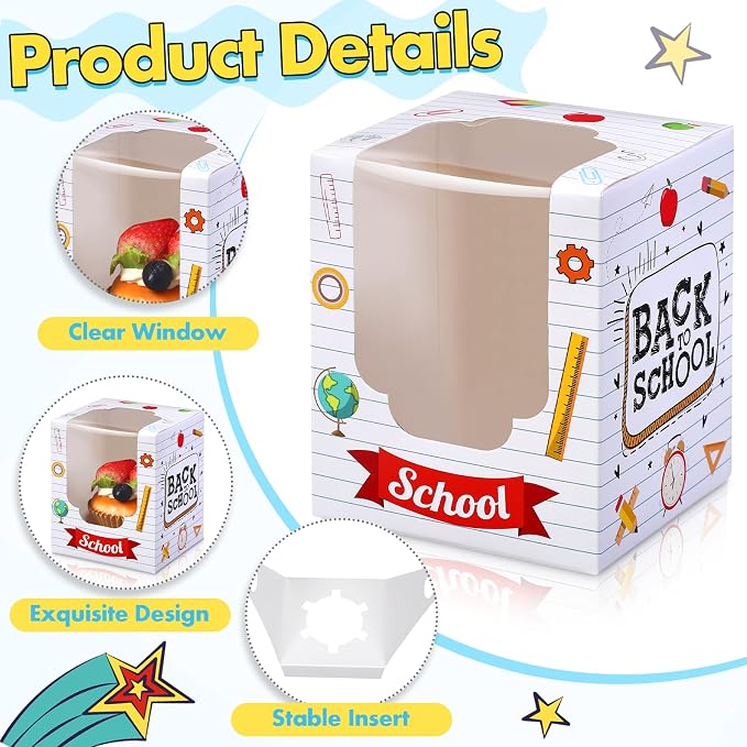 48 PCS Back to School Party Cupcake Boxes Individual with Window Inserts First Day of School Single Cupcake Containers Welcome Back to School Cake Treat Boxes for School Classroom Party Favor Supplies