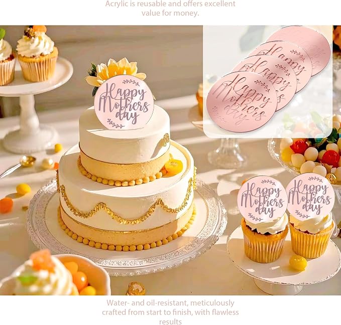 Wootkey 20 Pcs Acrylic Happy Mothers Day Cupcake Toppers Rose Gold Mirror Cake Toppers for Mothers Day Cake Decorations DIY Gift Dessert Arrangements Decor