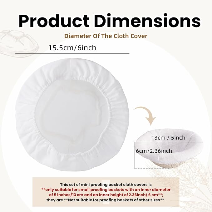 10-Pack Elastic Bread Proofing Basket Covers - Premium Linen & Cotton Liners for 5-Inch Round Baskets, Non-Stick, Breathable Fermentation Cloth for Sourdough & Artisan Baking
