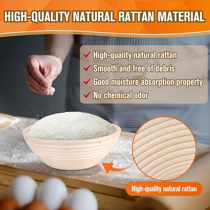 Banneton Bread Proofing Basket, Sourdough Banneton Basket, 9 inch Round Banton Proofing Baskets with Liners, Proofing Baskets for Sourdough Bread Baking Supplies(4 Pack)