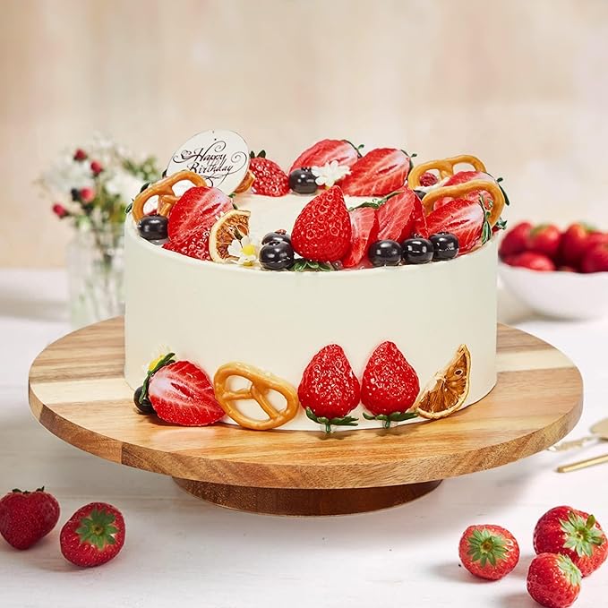 12" Acacia Wood Revolving Cake Stand,Wooden Rotating Display Stand for Cake