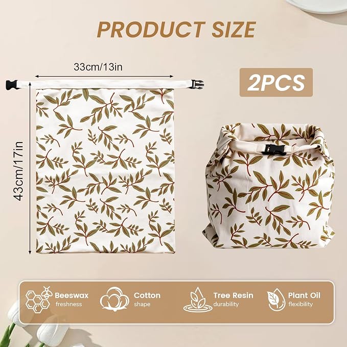 Reusable Beeswax Bread Bags for Sourdough, XL Eco-Friendly Fresh Food Storage with Zipper(13x17in, 2 Pack) | Keep Loaves Fresh Longer, Freezer Safe & Airtight, Natural, Zero Waste