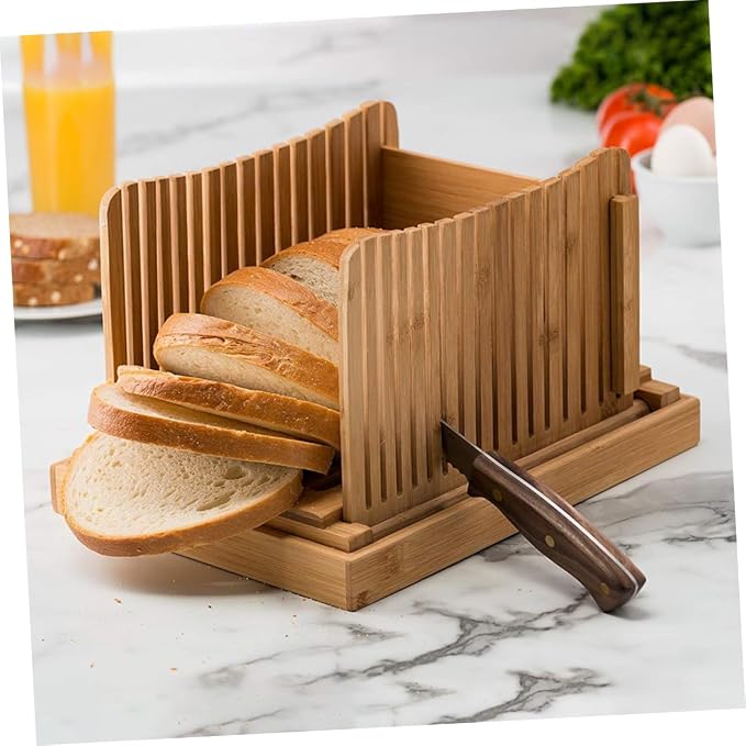 DECHOUS Bamboo Bread Slicer Guide with Crumb Tray Adjustable Loaf Slice Cutter for Homemade Bread Toast Bagels Sandwiches Foldable Kitchen Cutting Board 13.77 X 8.07 X 6.10 in