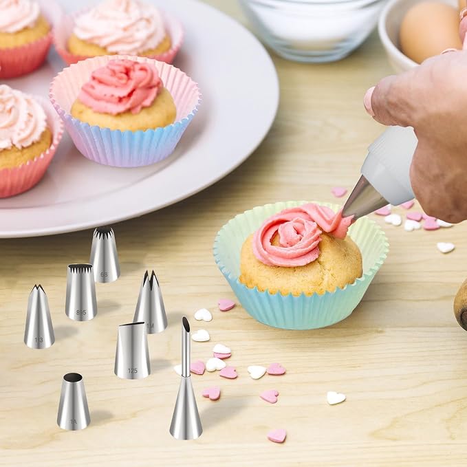 15pcs Reusable Cotton Piping Bags and Tips Set with 7 Stainless Steel Piping Tip, Large Piping Tips and Churro Tip for Cake Cupcake Pastry Decoration and Cream Puff Filling