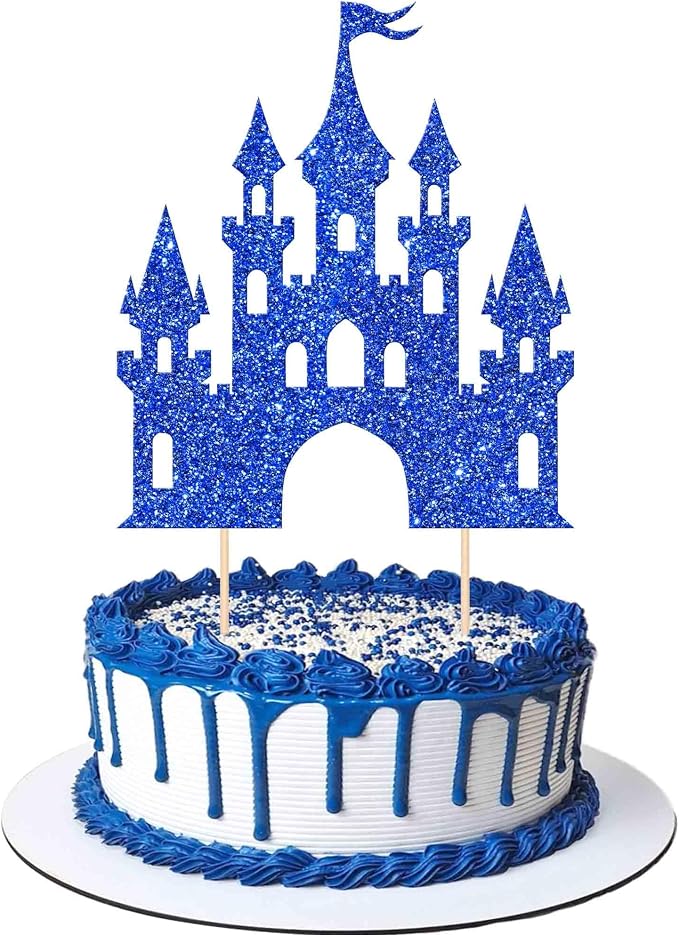 1 PCS Castle Cake Topper Glitter Princess Cake Topper Castle Theme Birthday Party Decoration Princess Happy Birthday Cake Decoration for Baby Shower Princess Birthday Party Supplies Dark Blue