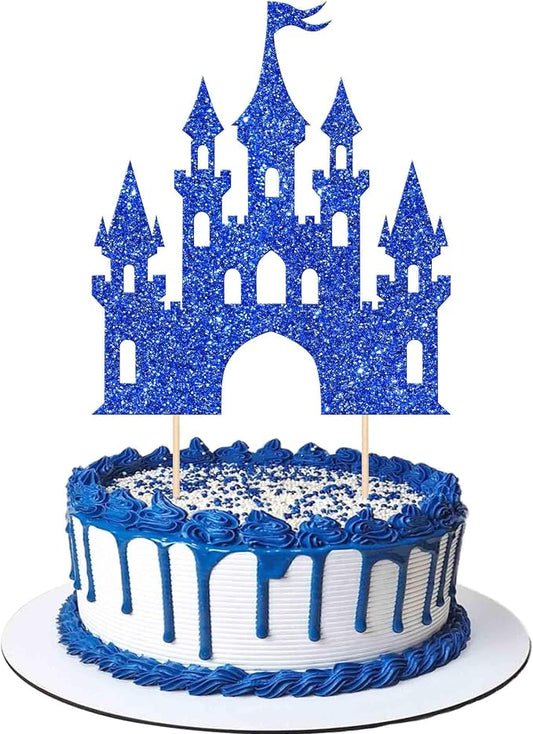 1 PCS Castle Cake Topper Glitter Princess Cake Topper Castle Theme Birthday Party Decoration Princess Happy Birthday Cake Decoration for Baby Shower Princess Birthday Party Supplies Dark Blue