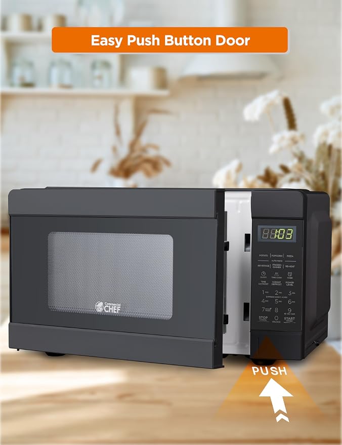 COMMERCIAL CHEF 0.9 Cu Ft Microwave with 10 Power Levels, Push Button and Child Lock, Digital Controls, Countertop Microwave with Timer and Quick-Touch Menu, Black