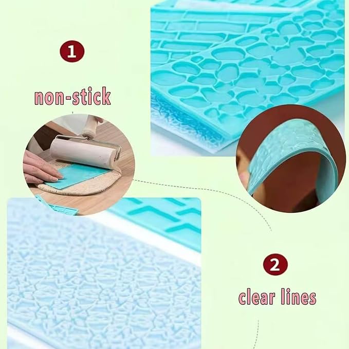 6 Pack Fondant Impression Mat Set Cake Decor Mold Set-Embossed Tree Bark/Flower/Cobblestone Texture Design Sugarcraft Decor Tool for Chocolate Cupcake Topper Wedding Cake(Blue)
