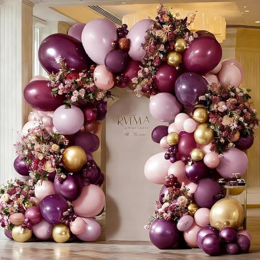 Dark Purple Pink Balloon Garland Double Stuffed Plum Mauve Burgundy Gold Balloon Arch Kit Dusty Pink Lavender Balloons for Birthday Bridal Shower Wedding Valentine Mother's Day Party Decorations