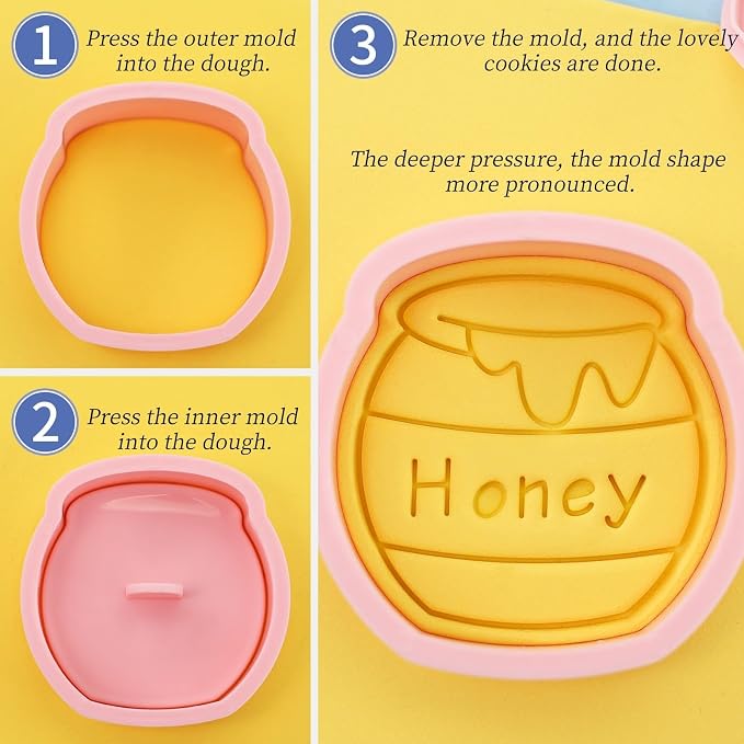 Bee Cookie Cutters with Cookie Stamps 8 Pcs Honeycomb Fondant Cheese Baking Molds for Honey Bees Party Decoration (Honeycomb)