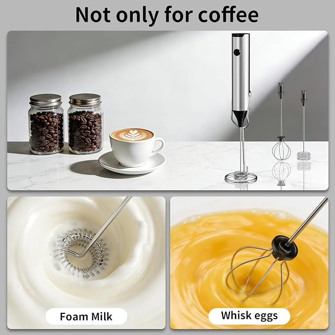 Rechargeable Hand Frother with Stand, Handheld Milk Frother for Coffee, Drink Mixer Frother Wand Electric Whisk Stirrer for Matcha, Latte, Hot Chocolate, Cappuccino (Stainless Steel)