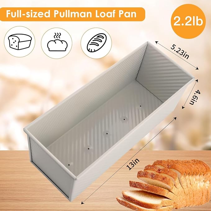 Premium Beige 13-inch Pullman Loaf Pan with Lid, 2.2 lb Sandwich Loaf Pan for Homemade Bread, PFTE and PFOA-Free Non-Stick Rectangle Bread Pan, Safe and Healthy, Easy to Clean
