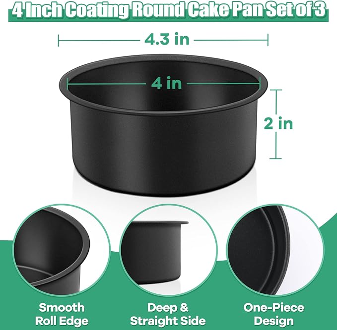 TeamFar 4inch Cake Pan Set of 3, Nonstick Mini Round Baking Cake Pan with Stainless Steel Core, for Baking Smash/Layer Cakes, Healthy & Heatproof, Release Easily & Easy Clean