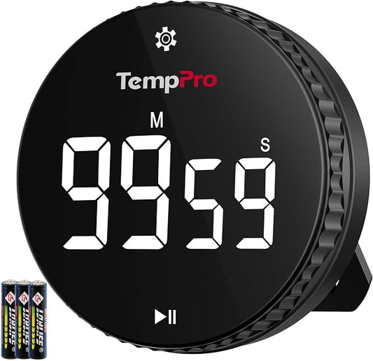 TempPro Digital Kitchen Timer, Magnetic Countdown Timer with Easy-Twist Knob, Loud Alarm & Silent Mode, Large LED Display, Cooking Timers for Classroom, Teachers, Kids & Seniors (Previously ThermoPro)