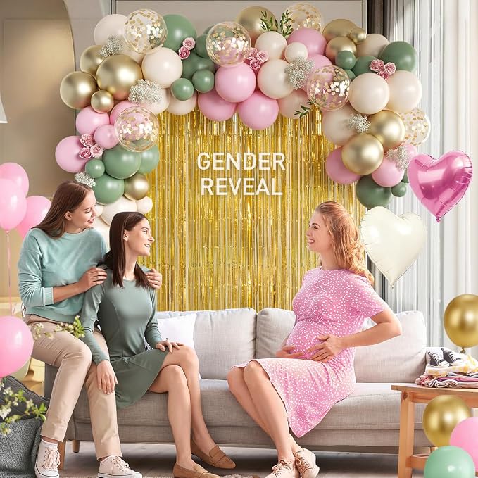 157Pcs Sage Green Pink White Gold Balloons Garland Arch Kit with Gold Fringe Curtain for Birthday Bridal Baby Shower Gender Reveal Weddings Graduation Party Decorations