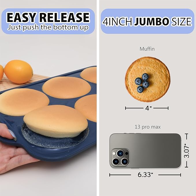 4 Inch Jumbo Silicone Muffin Top Pan with Metal Frame, Non Stick Silicone Egg Mold for Oven, Large Whoopie Pie Baking Pan with Handle for English Breakfast Sandwich, Egg Bite, Bun Tart, Grey