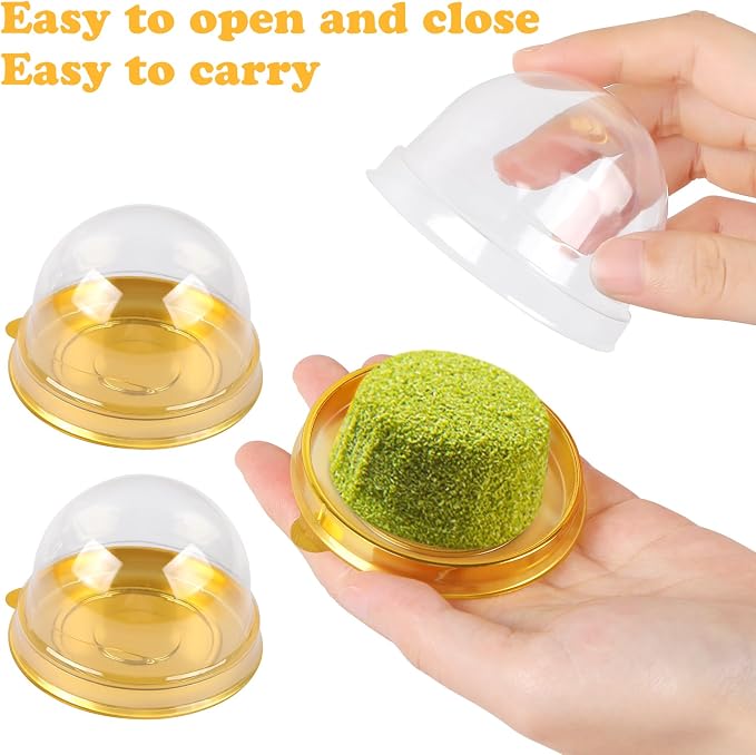 Clear Plastic Mini Cake Container, Round Cupcake Mooncake Dessert Boxes Muffin Pod Dome Muffin Single Container Box with a Transparent Lid for Wedding Birthday Party (Gold, 20pc)