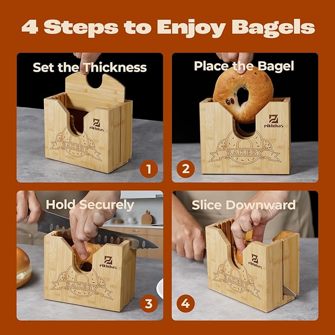 Piklohas 2025 Upgrade Bagel Slicer, Bamboo Bagel Cutter for Small and Large Bagels, Bread Slicer for Buns, English Muffins, 2 Adjustable Thickness, Anti-slip Mat, Ideal for Gift (No Knife)