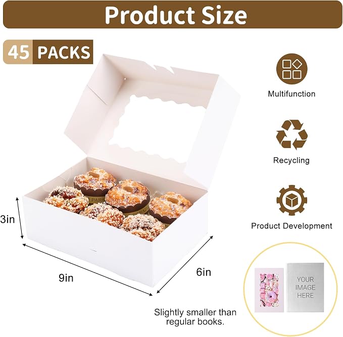 Moretoes 45pcs Cookie Boxes with Window, 9x6x3 Inch White Auto-Popup Bakery Boxes, Pastry Containers for Chocolate Covered Strawberries, Candy, Muffins, Donuts
