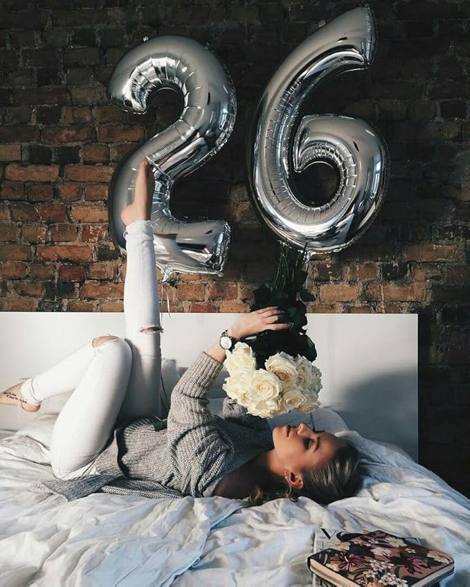Number Balloon 26 Silver, Foil Happy 26th Birthday Balloon for Men & Women,40 Inch Large Balloons for 2 6 26 62 2026 Wedding Marriage Proposal Engagement Decorations