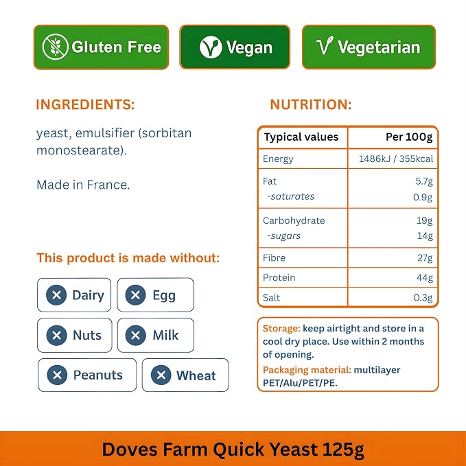 Doves Farm Quick Yeast 4.41 oz (Pack of 5) - Fast Acting Gluten Free Yeast for Baking Bread, Pizza Dough, Rolls | For Hand Baking and Bread Machine | Quick, Fast, Instant, Rapid Rise Leavening Agent