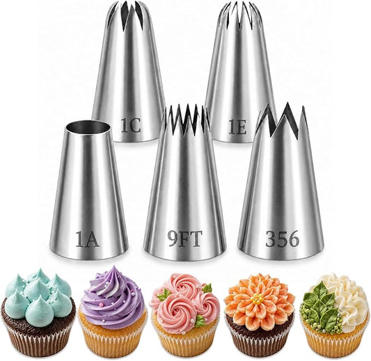 Suuker Large Piping Tips Set, Stainless Steel | 5 Pieces, 1A 1E 1C 9FT 356