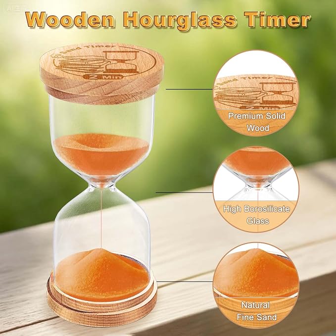 CNCJ 5 Minute Sand Timer, Orange Small Wooden Hourglass Sand Clock 5 Minutes, Glass Sandglass Watch Reloj De Arena for Kitchen Classroom Office Desk Decor