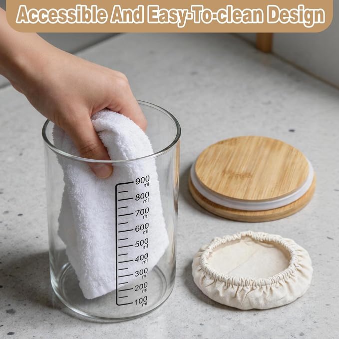32oz Sourdough Starter Jar Kit with Wooden Lid Breathable Cloth Cover, Glass Fermentation Container with Silicone Spatula, Temperature Sticker Date Feeding Tape for Home Bread Baking