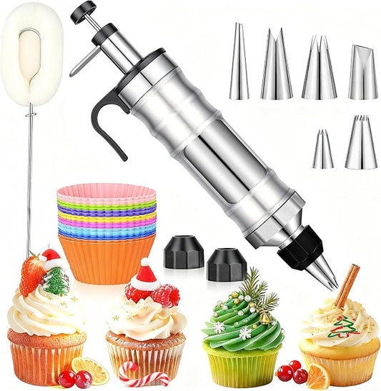 Dessert Decorating Syringe Set, Frosting Piping Kit, Stainless Steels Icing Piping Kit, Cake Decorating Tools 6 Russian Piping Icing Nozzles Cupcake Piping Kit Christmas Baking Gifts