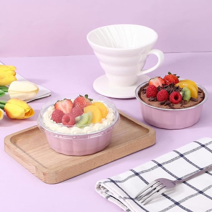 Beasea Aluminum Cups for Baking, 8oz 100 Pack Disposable Ramekins with Lids, Aluminum Foil Baking Cups Creme Brulee Muffin Cupcake Mini Pudding Ramekin Tin for Party Wedding - Pastel Pink