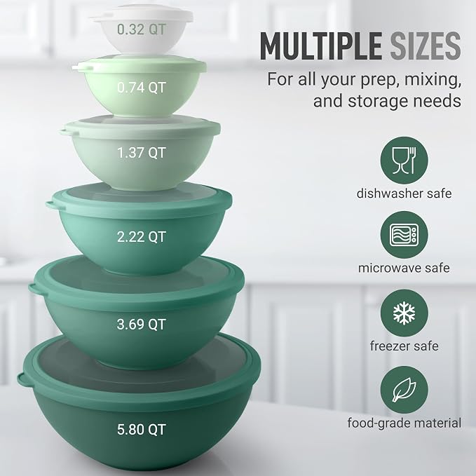 Zulay Kitchen 12 Piece Plastic Mixing Bowls with Lids Set - Colorful Mixing Bowl Set for Kitchen - Nesting Bowls with Lids Set - Microwave and Freezer Safe (Turquoise Ombre)