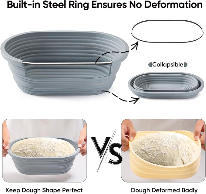 Silicone Banneton Bread Proofing Baskets,10" Oval & 9" Round Foldable Silicone Sourdough Proofing Basket with Bread Cover, Dishwasher Safe, Proofing Bowls for Sourdough Bread With Recipe Book