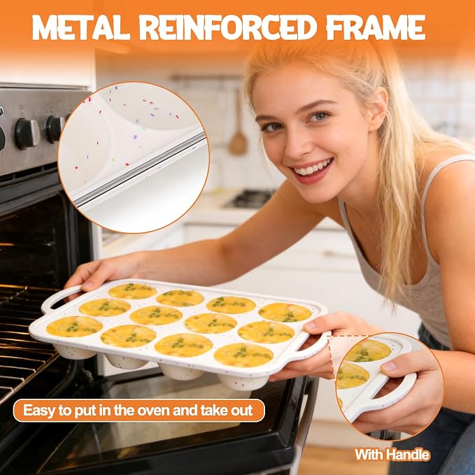 Juome Egg Bites Silicone Mold with Metal Frame, 12 Cups Silicone Muffin Pans for Baking, Nonstick Cupcake Pan Silicone Molds for Making Tarts, Meatloaf and Mini Cheesecakes