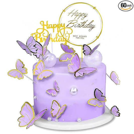 60Pcs Butterfly Cupcake Topper Purple Gold, Lively 3D Butterflies with 2Pcs Happy Birthday Topper for Cake Decor Birthday Anniversary Kids Wedding Girl Women Party Wall Food Decorations,Mixed Size