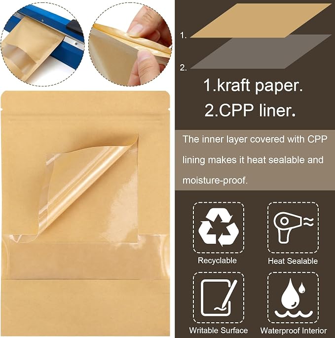 Blisstime 50 Pack Kraft Paper Stand Up Pouch Bags, Resealable Bag with Transparent Window and Tear Notch for Multipurpose Storage (4 X 6 Inches)