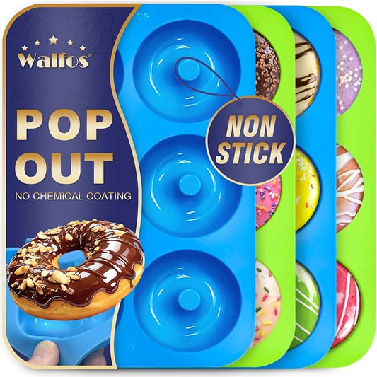 Walfos Silicone Donut Mold - Silicone Doughnut Pan Set, Non-Stick, Just Pop Out! Heat Resistant, BPA FREE and Dishwasher Safe, for Donut Cake Biscuit Bagels (4PK)