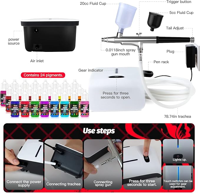 Cake Airbrush Decorating Kit with Compressor: Futebo Cookie Airbrush Kit with 24 Vivid Airbrush Liquid Food Colors, Decorate Cakes, Desserts or Other Baking Food(Color: White)