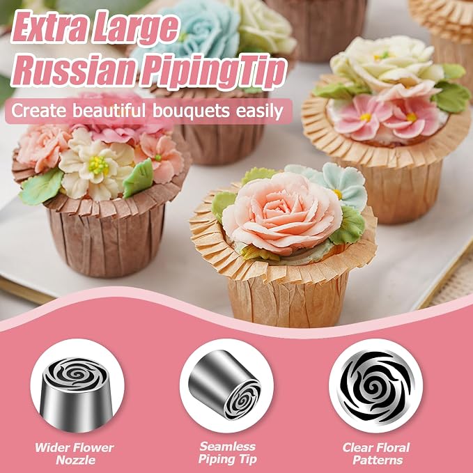 Jiozermi Extra Large Russian Piping Tip, Stainless Steel Flower Frosting Tip Icing Nozzle Floral Icing Nozzle for Birthday Cake Cupcake Decorating Frosting, Cream Baking Cookie DIY, SL40