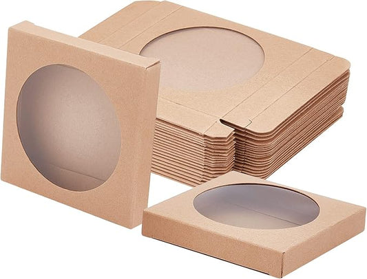 BENECREAT 24 Pack Brown Kraft Paper Boxes with Clear Window 3.5x3.5x0.6" Paper Gift Packaging Boxes for Wedding Party Candy Cookies Favor Treat