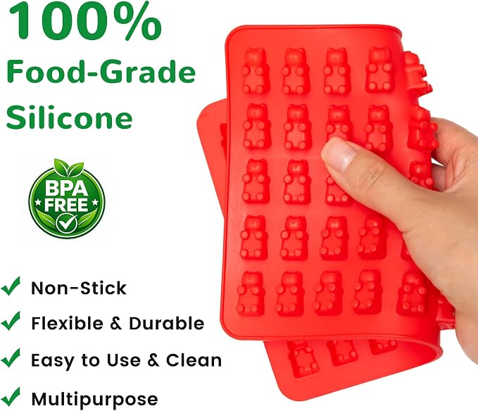 WARM TIME Gummy Bear Candy Molds Silicone, Mini Gummy Molds with 2 Droppers & 1 Cleaning Brush, Food Grade Non-Stick Silicone Molds Including Heart, Dinosaur, Bear, Donut, and Fruit, Set of 5
