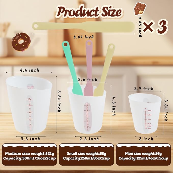 Food-Grade Silicone Measuring Cups with 3Pcs BPA Free Measuring Cups (1/2Cup/1Cup/2Cup) and 3Pcs Reusable Jar Spatulas, Non-Stick Chocolate Melting Cup for Home Baking