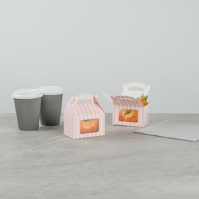 Bio Tek 4 x 2.5 x 2.5 Inch Gable Boxes For Party Favors, 25 Attractive Gift Boxes - Striped Pattern, Pink And White Paper Barn Boxes, Clear PET Window, With Built-In Handle